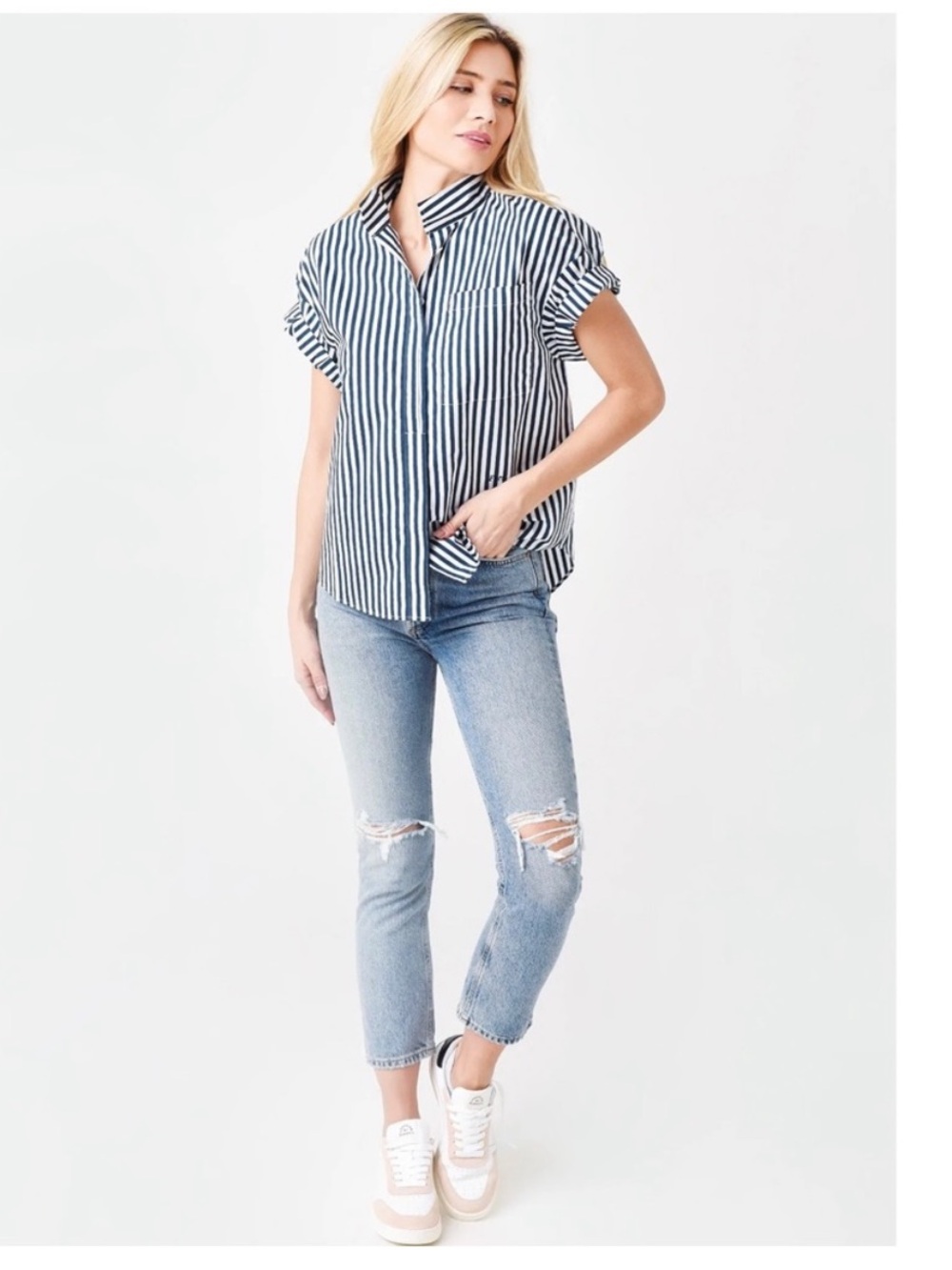 FRAME Women's Sheila Cotton stripe blue white Pocket Shirt-XS